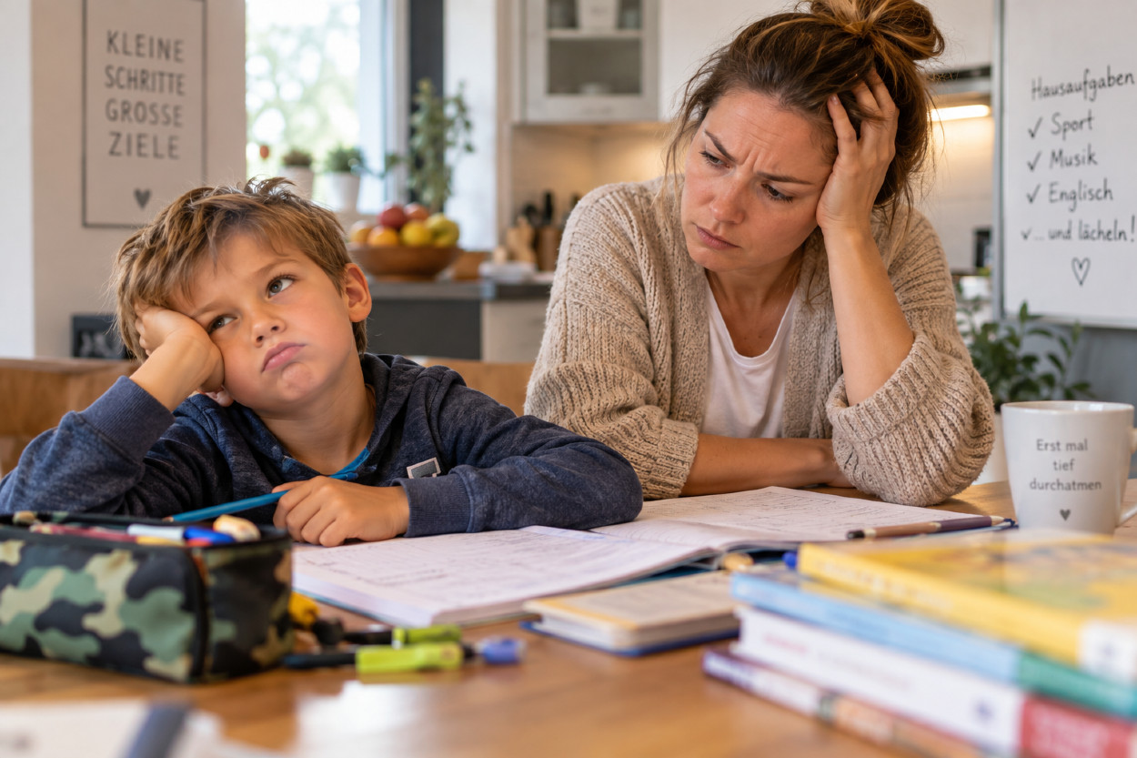 frustrierte Mama mit Schulkind am Küchentisch